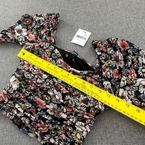 NEW! Forever 21 Ruched  Cropped Top Long Sleeve Puffy Sleeves Small Floral Black - Picture 9 of 14